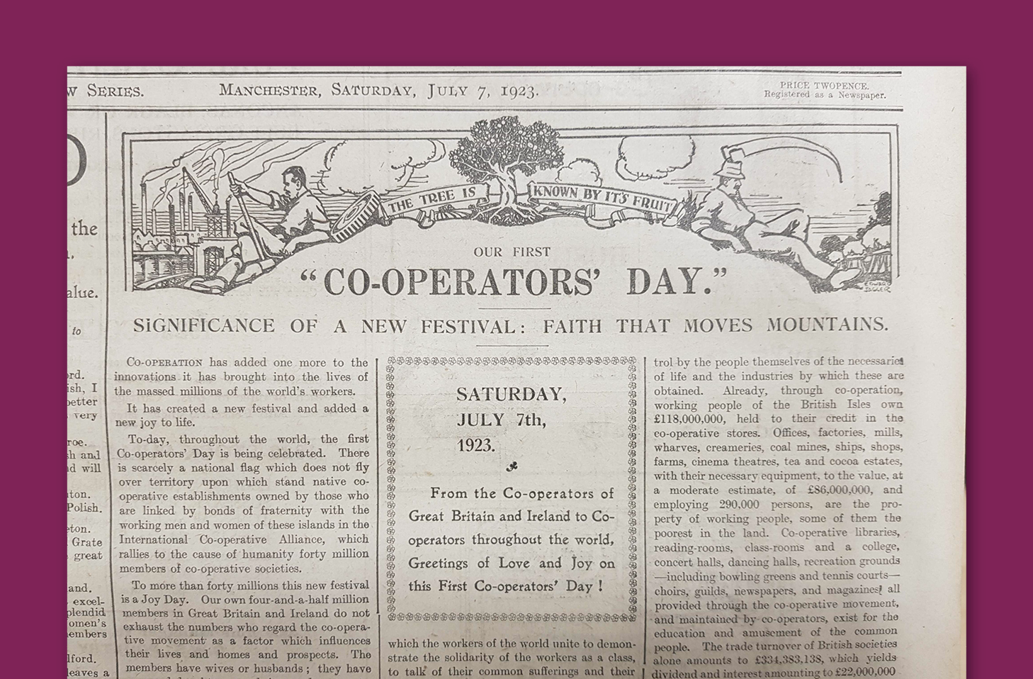 A close-up of a newspaper article celebrating the first cooperators day from 1923